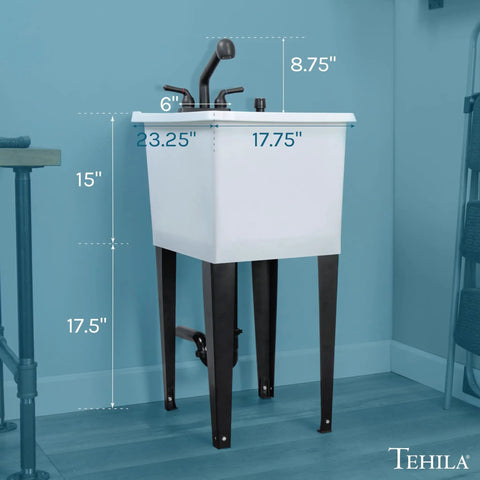 Must Have Space Saving Utility Sink Kit with White 16 Gallon Thermoplastic Tub Black Pull Out Faucet Soap Dispenser Metal Legs