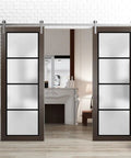 Built Tough Double Barn Door With Frosted Glass In Chocolate Ash Finish Interior Sliding Door With 13 Feet Silver Rail System
