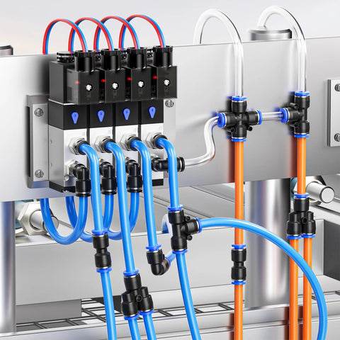 Front view of 6mm OD blue push-to-connect tube fittings manifold with blue hoses and black quick-connects