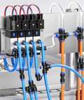 Blue 8Mm OD PU Air Hose Line Kit with push-to-connect fittings installed in pneumatic setup, includes tees and elbows for quick hookup.