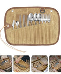 Trail Ready Stainless Steel Camping Utensil Kit With Spoon Fork Chopsticks, Portable flatware set in brown roll-up pouch