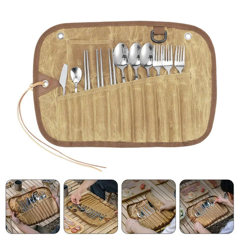 Trail Ready Stainless Steel Camping Utensil Kit With Spoon Fork Chopsticks, Portable flatware set in brown roll-up pouch