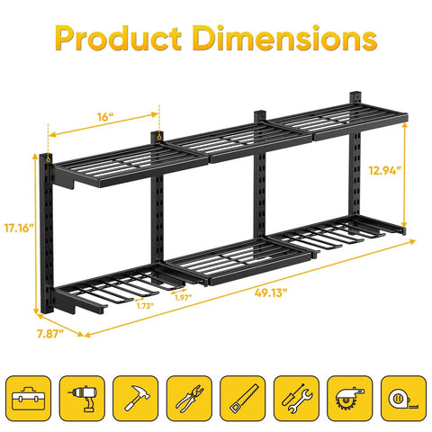 Image showing the Heavy Duty Wall Mount Tool Organizer With Six Adjustable Shelves And Cordless Drill Holder, Iron Tool Rack dimensions.