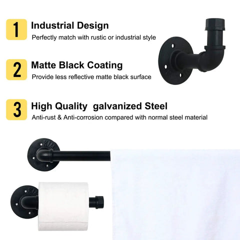 Industrial Pipe Towel Rack Set With 12 Inch And 24 Inch Bars Toilet Paper Holder And Robe Hook Rustic Matte Black Wall Mounted Bath Accessory Kit with matte black coating on display with towel and toilet paper holder.