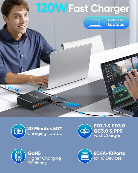 All In One 800W USB C Charging Station With 10 Ports GaN5 PD Fast Charger for laptops connected on desk