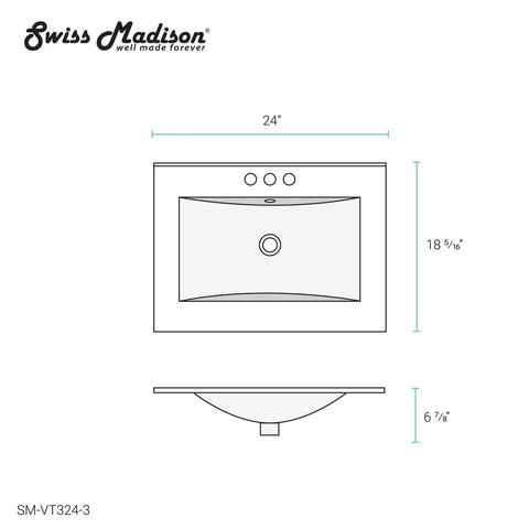 Diagram of 24 Inch Ceramic Vanity Top Sink With Three Faucet Holes, Top Mount Bowl, Scratch Resistant Non Porous Ceramic Surface