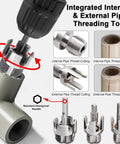 PVC Pipe Threader Kit For One Half Inch, Three Quarter Inch And One Inch NPT With Internal And External Thread Heads, Carbon Steel Dual Function Pipe Threading Tool Set Pro Grade For Electric Drills On PVC PPR And Plastic Pipes showing thread cutting and effects