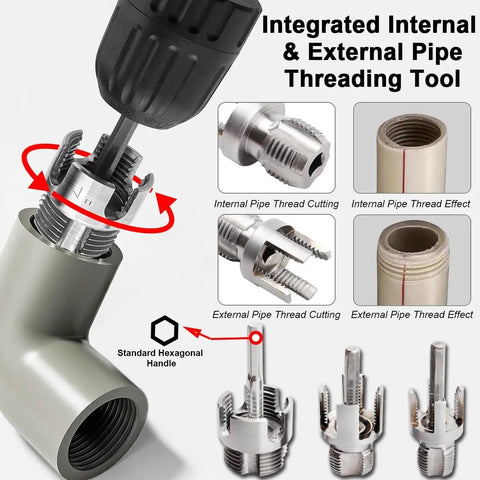 PVC Pipe Threader Kit For One Half Inch, Three Quarter Inch And One Inch NPT With Internal And External Thread Heads, Carbon Steel Dual Function Pipe Threading Tool Set Pro Grade For Electric Drills On PVC PPR And Plastic Pipes showing thread cutting and effects