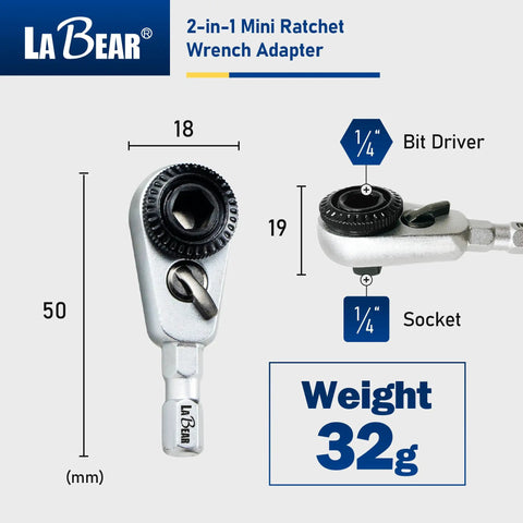 2-In-1 Mini Ratchet Wrench Adapter With Magnetic One Quarter Inch Hex Bit Holder And One Quarter Inch Drive Socket Adapter