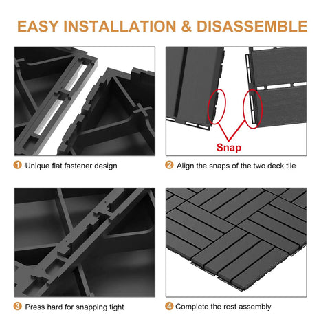 Step-by-step installation for Interlocking Plastic Deck Tiles 12x12 Inch, 36 Pack Waterproof Outdoor Flooring in dark grey.