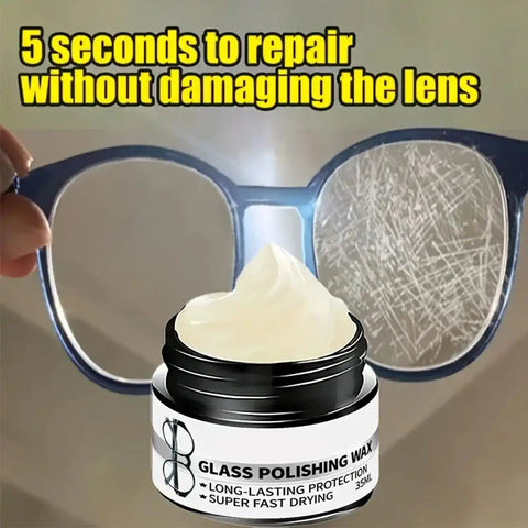 Jar of Glass Polishing Wax, Scratch Remover Paste For Glasses And Screens Pro Repair Kit, positioned near scratched eyeglasses lens.