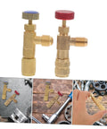 Two Piece R410 To R22 Adapter Valve Core Removal Kit For Refrigeration Service And Electric Vehicle Charging Gear Offering No Sweat Straight Flow Access With Reliable Heavy Duty Construction, featuring brass valves with colored knobs.