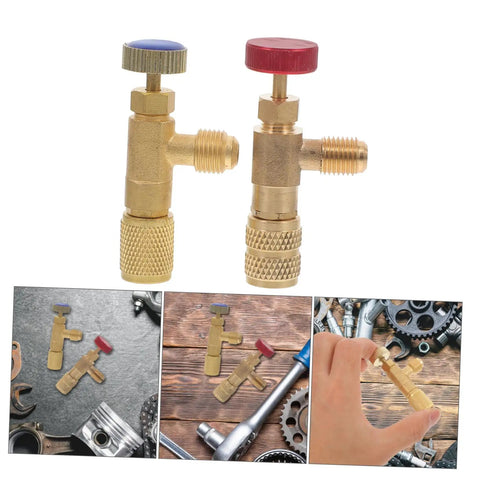 Two Piece R410 To R22 Adapter Valve Core Removal Kit For Refrigeration Service And Electric Vehicle Charging Gear Offering No Sweat Straight Flow Access With Reliable Heavy Duty Construction, featuring brass valves with colored knobs.