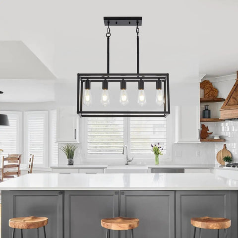 5-Light Black Farmhouse Kitchen Chandelier, Rectangular Linear Pendant in modern kitchen over island, adjustable height