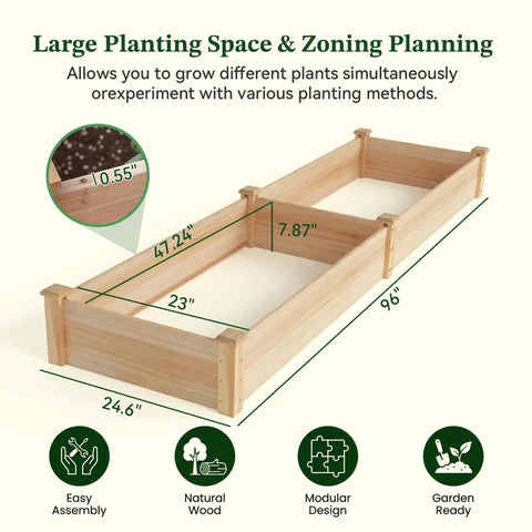 Diagram of 8x2ft Outdoor Wooden Raised Garden Bed With Elevated Planter Box For Veggies And Herbs Large Plant Space Natural Wood Finish Durable Frame Includes Soil Barrier And Liner To Protect Wood Ideal For Patio Lawn Or Garden 96 x 24 x 9in, showing dimensions and features.