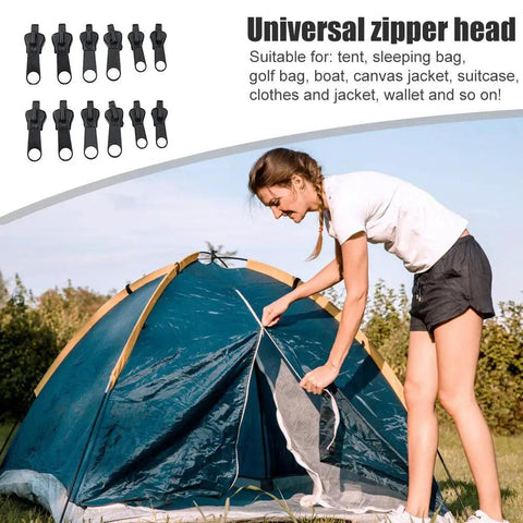 12 Piece Zipper Repair Kit With Replacement Sliders And Pulls For Jackets, Clothes And Backpacks shown with tent in use