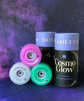 Cosmo Glow LED Outdoor Roller Skate Wheels Quad Pack 62mm By 32mm White Rain Glow With Bright Light Up Illumination packaging