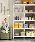 5 Tier Heavy Duty Steel Workhorse Shelving With Adjustable Heights Garage Storage Rack displaying books and baskets in a cozy setting.