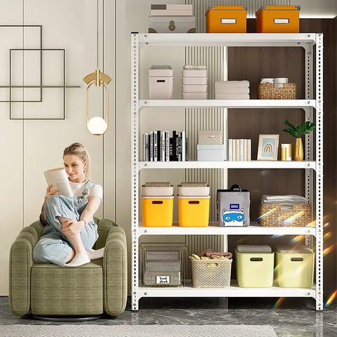 5 Tier Heavy Duty Steel Workhorse Shelving With Adjustable Heights Garage Storage Rack displaying books and baskets in a cozy setting.