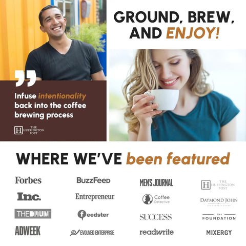 Collage featuring smiling individuals and coffee enjoyment, highlighting features in major publications.