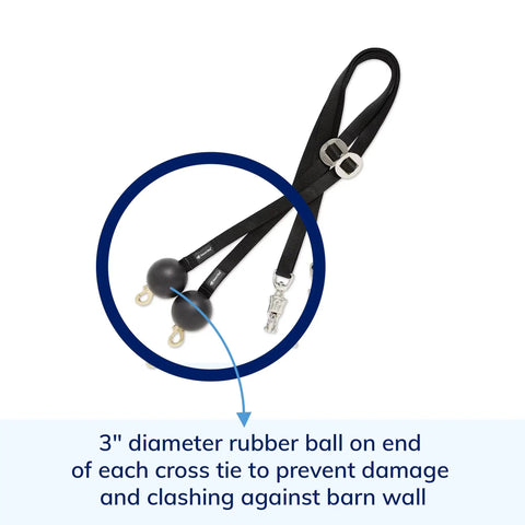 Two Pack Quiet Drop Horse Cross Ties in Black with Durable Nylon Webbing and 3 Inch Rubber Ball Ends for Wall Protection