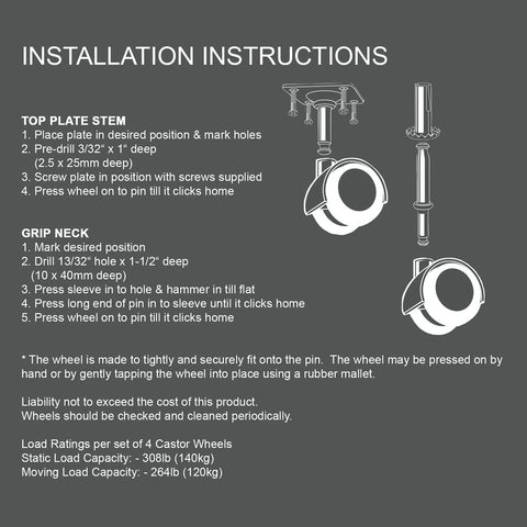 Installation instructions for 2 Inch Floor Protector Rubber Caster Wheels Set Of 4 With 5 Sixteenth Inch Stem Or Top Plate Mounting