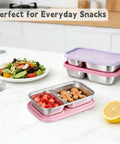 Three Pack Stainless Steel Snack Containers With Silicone Lids, Dual Compartment Design, Stackable Lunch Boxes in kitchen setting