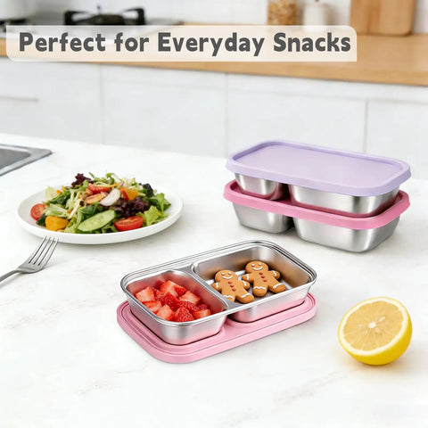 Three Pack Stainless Steel Snack Containers With Silicone Lids, Dual Compartment Design, Stackable Lunch Boxes in kitchen setting