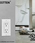 50 Pack 15 Amp Electrical Outlet Receptacles Non Tamper Resistant DIY Friendly With Decorator Wall Plate And Screws Included Gloss White Finish 125 Volt 1875 Watt UL Listed against sleek living room backdrop.