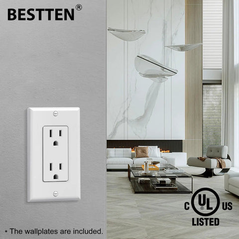 50 Pack 15 Amp Electrical Outlet Receptacles Non Tamper Resistant DIY Friendly With Decorator Wall Plate And Screws Included Gloss White Finish 125 Volt 1875 Watt UL Listed against sleek living room backdrop.