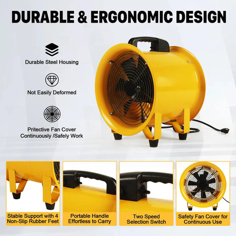 12 Inch High Velocity Blower Fan With 16 Ft Flexible Duct Hose, 2882 CFM Industrial Vent Exhaust, Portable Axial Ventilator with durable design