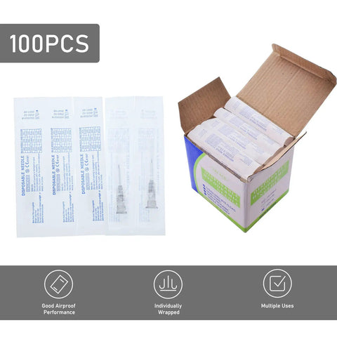 Prime Condition 100 Pack 27 Gauge Half Inch Syringe Needles With Reliable Luer Lock Tips, individually wrapped, bulk for precision work.
