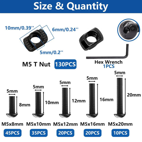 Straight Up Solid 260 Piece M5 T Slot Nuts And Bolts Assortment Kit For 2020 Series Aluminum Extrusion Rails features M5 T nuts and bolts sizes 8-20mm.