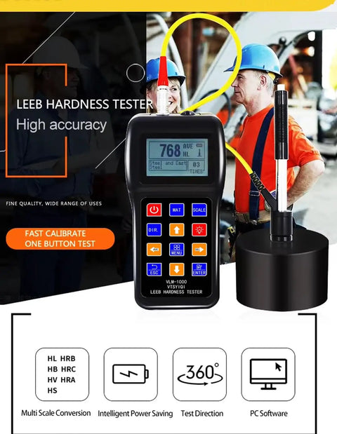 Pro Grade Leeb Hardness Tester Meter 170 To 960 HLD for Metals Durometer Tester With HL HB HRB HRC HRA HV HS Scales Includes Standard D Type Impact Device And D Test Block For Steel Iron Bronze Copper And 10 Materials. handheld tester with impact probe and calibration block