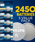CR2450 Battery 5 Pack 3V Lithium Coin Cell Replacement featuring sealed packs of five batteries for car remotes and medical devices.