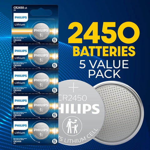 CR2450 Battery 5 Pack 3V Lithium Coin Cell Replacement featuring sealed packs of five batteries for car remotes and medical devices.