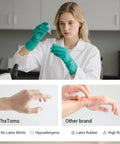 Woman wearing Heavy Duty Nitrile Chemical Resistant Gloves Five Pair Set 15 Mil Thick Latex Free Medium in lab setting.