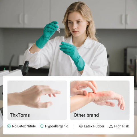 Woman wearing Heavy Duty Nitrile Chemical Resistant Gloves Five Pair Set 15 Mil Thick Latex Free Medium in lab setting.