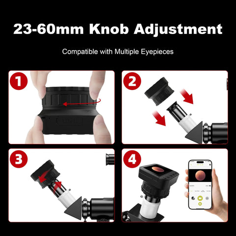 4K Wireless Telescope Camera With 1.25 Inch And 2 Inch Eyepiece Adapters showing adjustment and setup steps with smartphone
