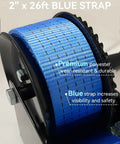 Heavy Duty Boat Trailer Winch 1600Lbs With 26ft Strap, close-up of blue polyester strap on gear for durability and visibility.