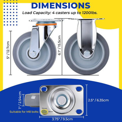 Badass Ultra Heavy Duty 8 Pack 5 Inch Caster Wheels Replacement Kit With TPR Rubber Swivel And Rigid Options For Smooth Gliding, Heavy Loads, And Total Furniture Glow Up On A Dime