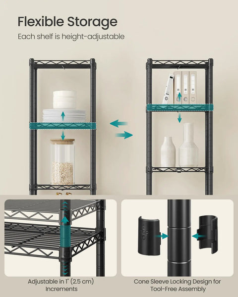 Slim 5 Tier Metal Wire Storage Shelf In Ink Black Ultra Space Saving Narrow Shelving Unit With Sturdy Powder Coated Steel Build For Bins Plants And Everyday Essentials, adjustable shelves