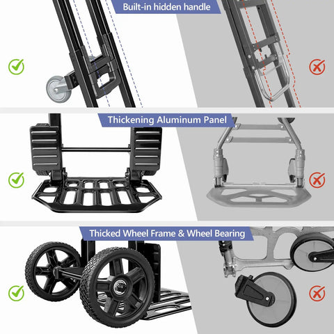 3 In 1 Convertible Dolly Cart with wheels, brakes, adjustable handle, aluminum panel, thicked wheel frame, easy roll design.