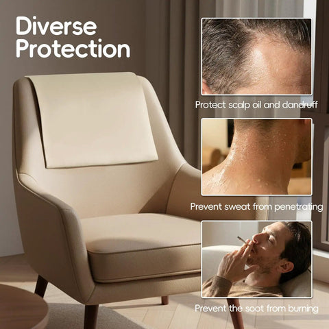 Beige Faux Leather Recliner Headrest Protector Non Slip Cover Waterproof And Washable For Recliner Chairs Sofas Office And Theater Seats 17 By 27 Inches shown on chair with diverse protection text and illustrations.