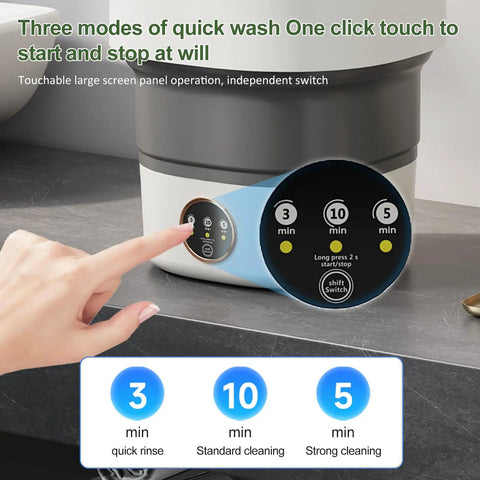 No Sweat Portable Washing Machine With Spin Basket, touch panel showing three cleaning modes for mini laundry rig in gray.