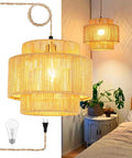 Plug In Pendant Light With Smooth Dimmable Switch And Handwoven Boho Rattan Shade Solid Hemp Rope Hanging Lamp in cozy bedroom.