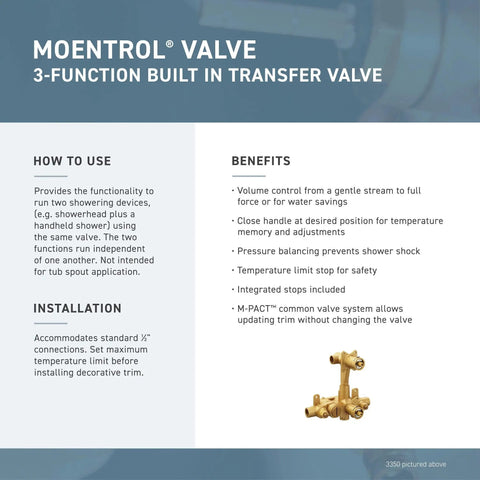 Diagram showing features and benefits of Moentrol 3-function built-in transfer valve for Must-Have Kingsley Chrome Shower Valve Trim.