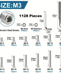 1128 Piece Hex Socket Head Cap Bolt Set M3 Stainless Steel Allen Screws Kit For Machinery And Auto DIY Projects Gearhead Approved Durable Fasteners For Repairs And Upgrades, M3 sizes chart