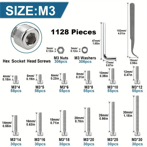 1128 Piece Hex Socket Head Cap Bolt Set M3 Stainless Steel Allen Screws Kit For Machinery And Auto DIY Projects Gearhead Approved Durable Fasteners For Repairs And Upgrades, M3 sizes chart