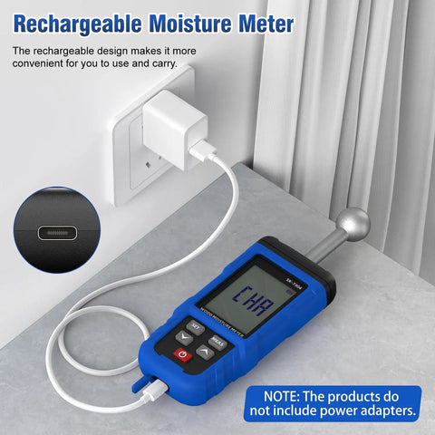 Rechargeable Pinless Moisture Meter For Drywall, Wood, Walls, And Masonry, Non Destructive Humidity Detector With 20 To 100 Mm Measuring Depth, Type C Charging, Pro Grade, Handy For Lumber, Concrete, And More, Blue plugged in with charging cable